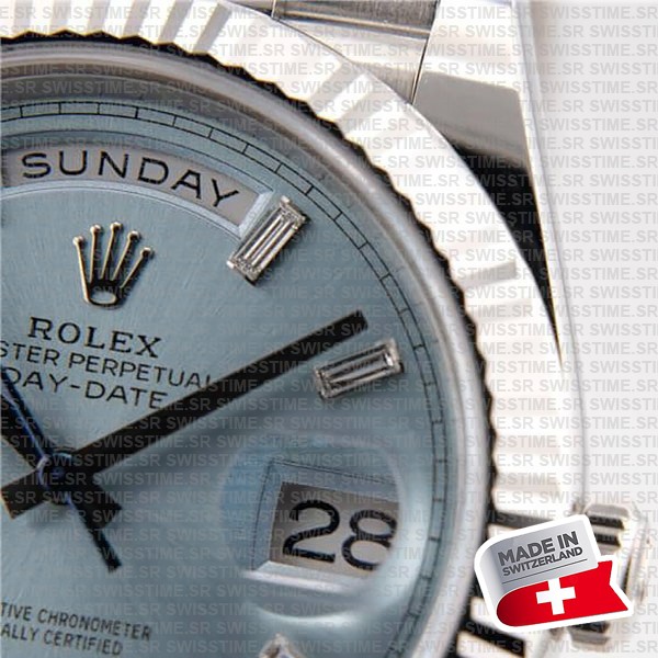 Rolex Day-date 40 Solid Platinum Ice Blue Dial Diamond Markers Fluted Bezel 40mm Ref.228236 Swiss Replica Watch