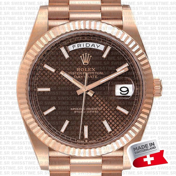Rolex Day-date 40 18k Rose Gold Chocolate Diagonal Motif Ref.228235 Swiss Made Replica Superclone