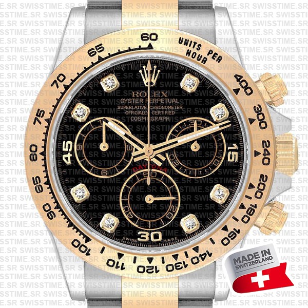 Rolex Cosmograph Daytona 2tone 18k Yellow Gold/904l Steel Black Diamond Dial 40mm 116503 Swiss Replica Watch