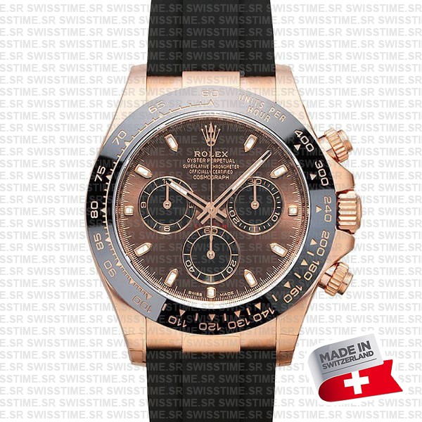 Rolex Daytona 18k Rose Gold Ceramic Bezel Chocolate Sticks Dial Rubber Band 40mm Ref.116515 Swiss Replica Superclone
