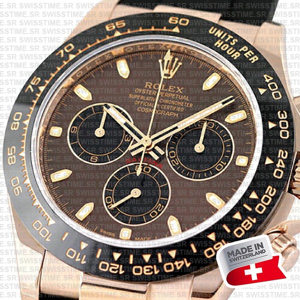 Rolex Daytona 18k Rose Gold Ceramic Bezel Chocolate Sticks Dial Rubber Band 40mm Ref.116515 Swiss Replica Superclone