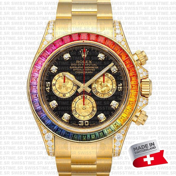 Rolex Cosmograph Daytona 18k Yellow Gold Wrapped 904l Steel Rainbow Diamond Black Dial 40mm 116598 Swiss Replica Superclone