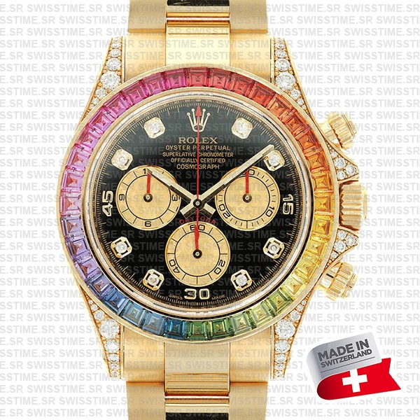 Rolex Cosmograph Daytona 18k Yellow Gold Wrapped 904l Steel Rainbow Diamond Black Dial 40mm 116598 Swiss Replica Superclone