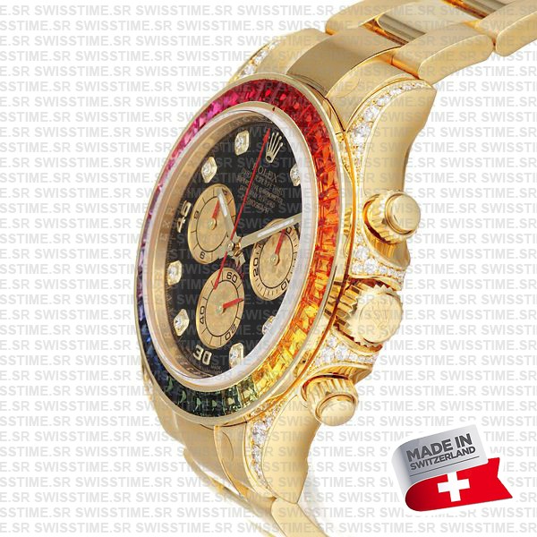 Rolex Cosmograph Daytona 18k Yellow Gold Wrapped 904l Steel Rainbow Diamond Black Dial 40mm 116598 Swiss Replica Superclone