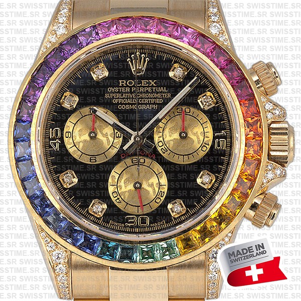 Rolex Cosmograph Daytona 18k Yellow Gold Wrapped 904l Steel Rainbow Diamond Black Dial 40mm 116598 Swiss Replica Superclone