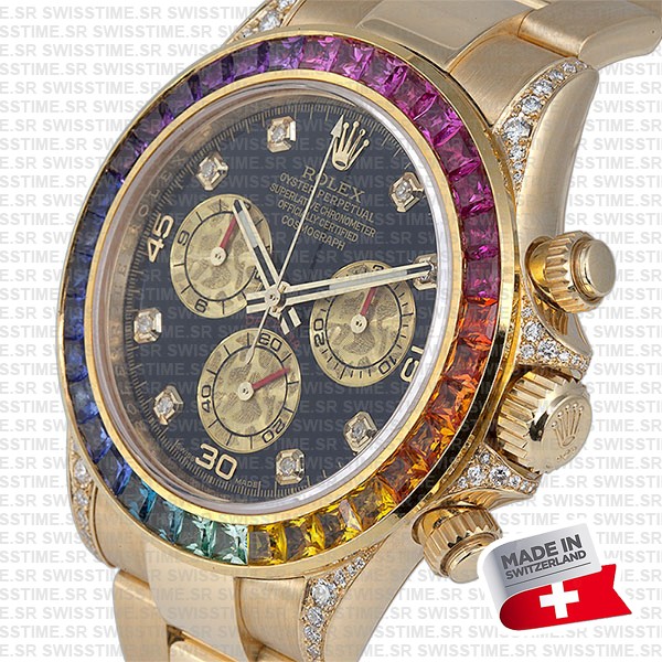 Rolex Cosmograph Daytona 18k Yellow Gold Wrapped 904l Steel Rainbow Diamond Black Dial 40mm 116598 Swiss Replica Superclone