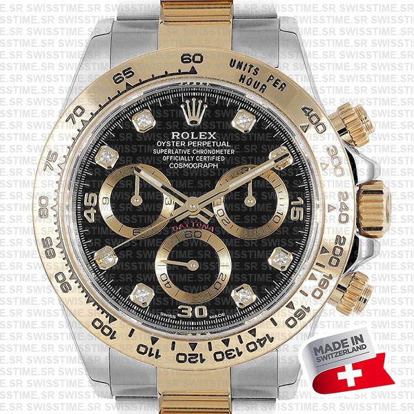 Rolex Cosmograph Daytona Two-tone 18k Yellow Gold/904l Steel Black Gold Diamond Dial 40mm 116503 Swiss Replica Super Clone Watch
