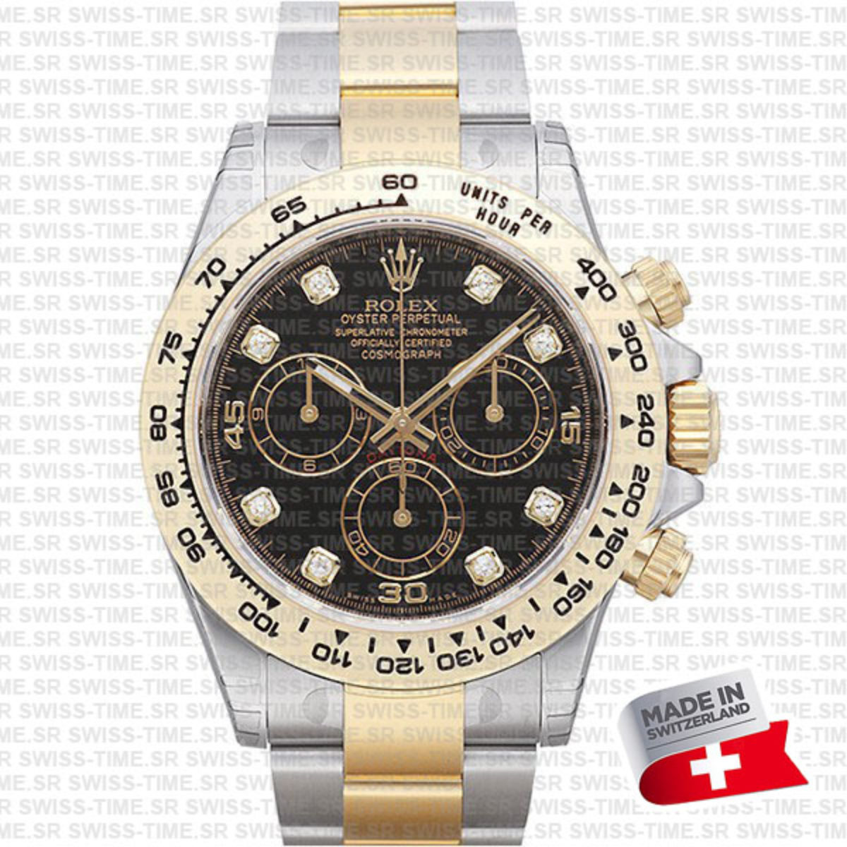 Rolex Daytona Yellow Gold Diamond Black Swisstime Watch