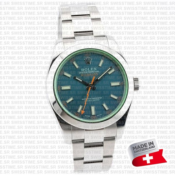 Rolex Milgauss Blue Dial Green Crystal 904l Steel 40mm Ref.116400 Swiss Replica Super Clone