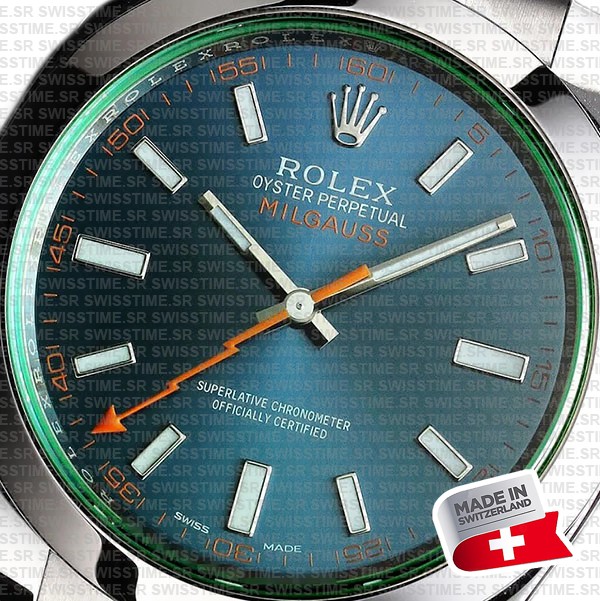 Rolex Milgauss Blue Dial Green Crystal 904l Steel 40mm Ref.116400 Swiss Replica Super Clone