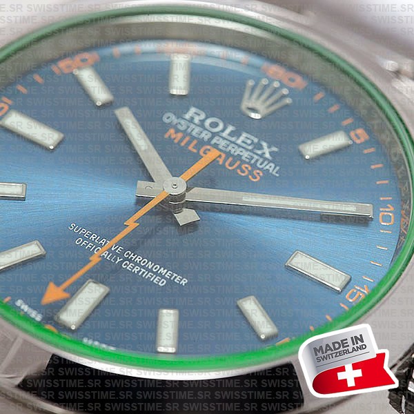 Rolex Milgauss Blue Dial Green Crystal 904l Steel 40mm Ref.116400 Swiss Replica Super Clone