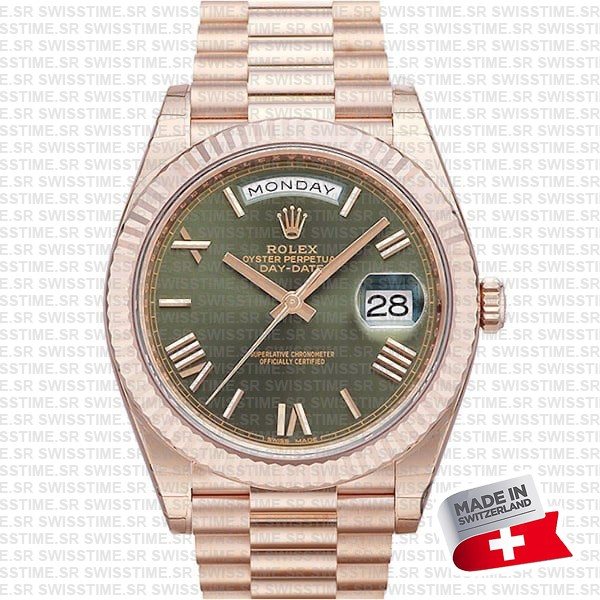 Rolex Day-date 40 18k Rose Gold Green Roman Dial Ref.228235 Swiss Replica Superclone
