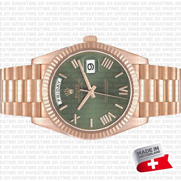 Rolex Day-date 40 18k Rose Gold Green Roman Dial Ref.228235 Swiss Replica Superclone