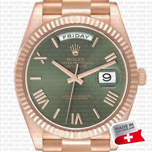 Rolex Day-date 40 18k Rose Gold Green Roman Dial Ref.228235 Swiss Replica Superclone