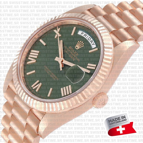 Rolex Day-date 40 18k Rose Gold Green Roman Dial Ref.228235 Swiss Replica Superclone