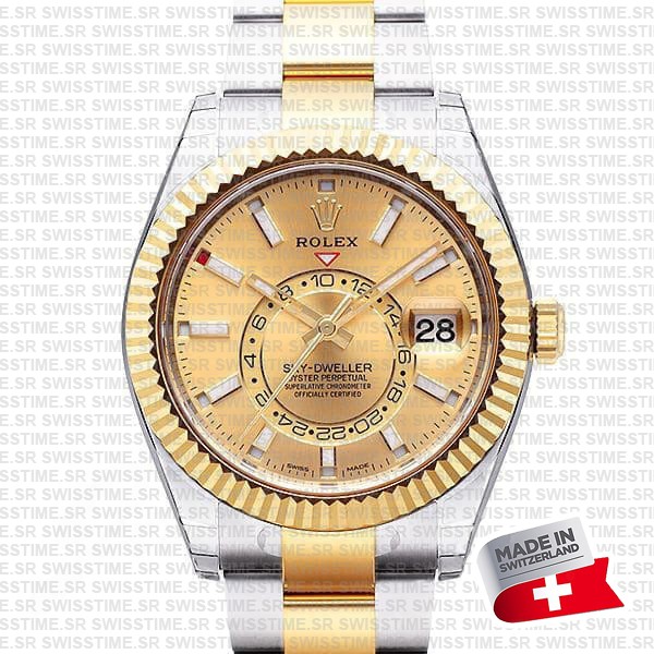 Rolex Sky-dweller 2-tone 18k Yellow Gold Gold Dial Arabic Markers 42mm