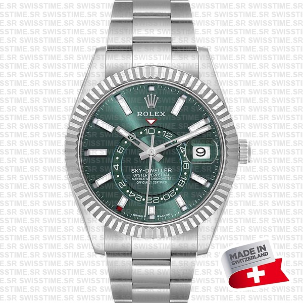 Rolex Sky-dweller Steel / 18k White Gold Green Dial Stick Markers 42mm Ref. 336934 Swiss Replica Super Clone