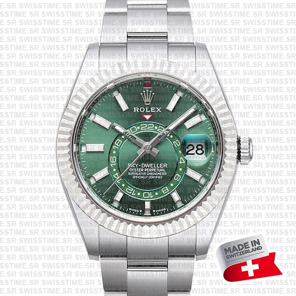 Rolex Sky-dweller Steel / 18k White Gold Green Dial Stick Markers 42mm Ref. 336934 Swiss Replica Super Clone