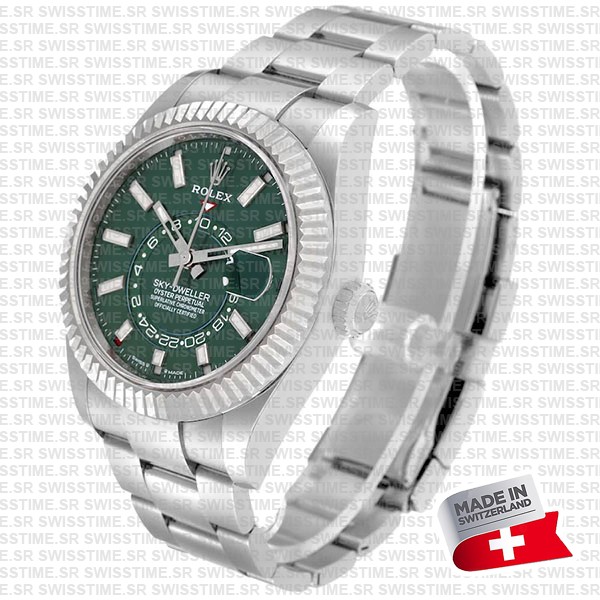 Rolex Sky-dweller Steel / 18k White Gold Green Dial Stick Markers 42mm Ref. 336934 Swiss Replica Super Clone