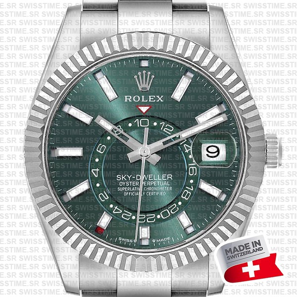 Rolex Sky-dweller Steel / 18k White Gold Green Dial Stick Markers 42mm Ref. 336934 Swiss Replica Super Clone