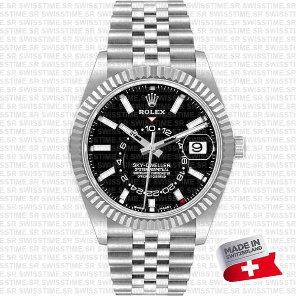Rolex Sky-dweller 904l Steel 18k White Gold Bezel Black Dial Jubilee Bracelet 42mm Ref. 326934 Swiss Replica Super Clone