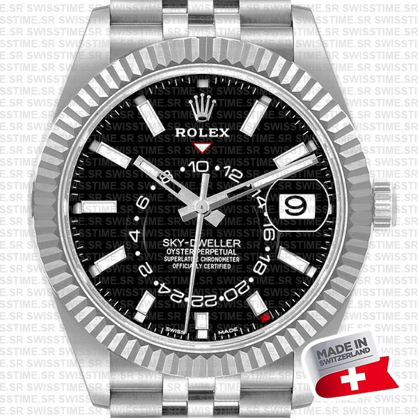 Rolex Sky-dweller 904l Steel 18k White Gold Bezel Black Dial Jubilee Bracelet 42mm Ref. 326934 Swiss Replica Super Clone