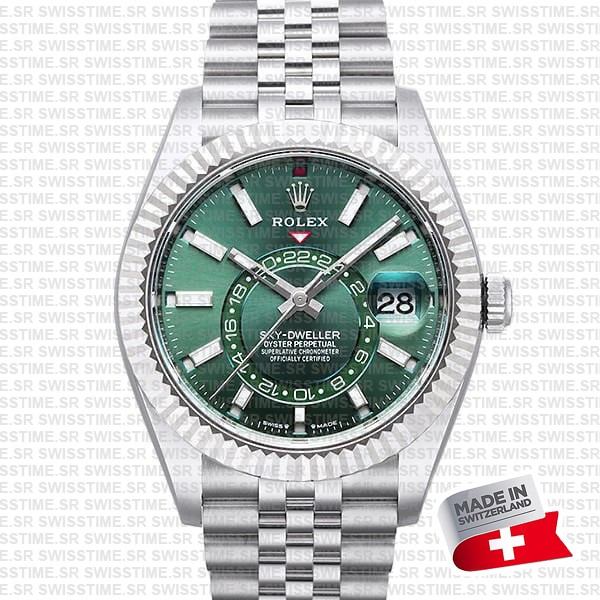 Rolex Sky-dweller 904l Steel 18k White Gold Bezel Green Dial Jubilee Bracelet 42mm Ref. 336934 Swiss Replica Super Clone