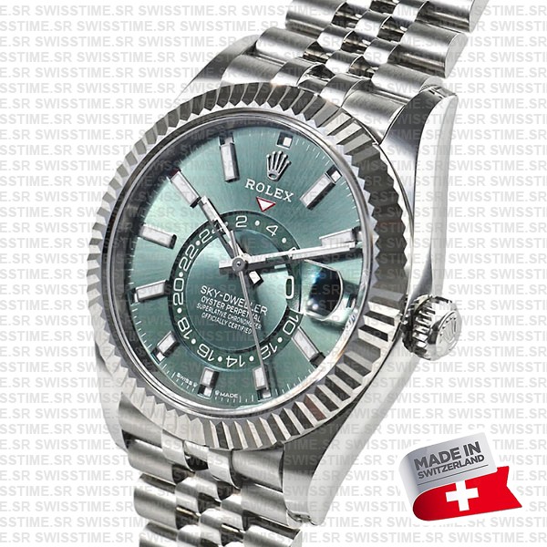 Rolex Sky-dweller 904l Steel 18k White Gold Bezel Green Dial Jubilee Bracelet 42mm Ref. 336934 Swiss Replica Super Clone