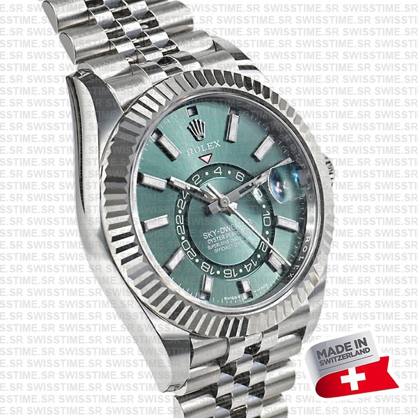 Rolex Sky-dweller 904l Steel 18k White Gold Bezel Green Dial Jubilee Bracelet 42mm Ref. 336934 Swiss Replica Super Clone