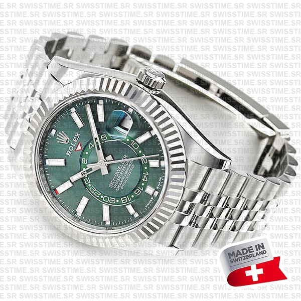Rolex Sky-dweller 904l Steel 18k White Gold Bezel Green Dial Jubilee Bracelet 42mm Ref. 336934 Swiss Replica Super Clone