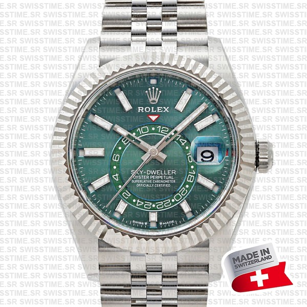 Rolex Sky-dweller 904l Steel 18k White Gold Bezel Green Dial Jubilee Bracelet 42mm Ref. 336934 Swiss Replica Super Clone
