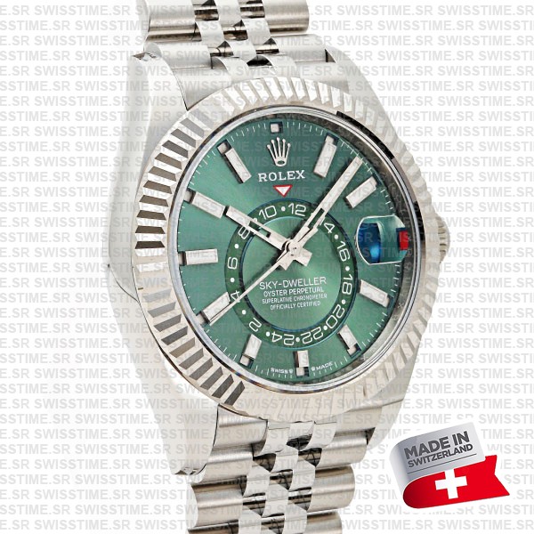 Rolex Sky-dweller 904l Steel 18k White Gold Bezel Green Dial Jubilee Bracelet 42mm Ref. 336934 Swiss Replica Super Clone