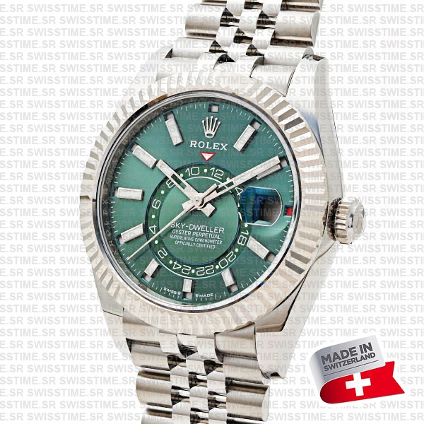 Rolex Sky-dweller 904l Steel 18k White Gold Bezel Green Dial Jubilee Bracelet 42mm Ref. 336934 Swiss Replica Super Clone