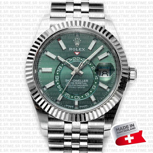 Rolex Sky-dweller 904l Steel 18k White Gold Bezel Green Dial Jubilee Bracelet 42mm Ref. 336934 Swiss Replica Super Clone