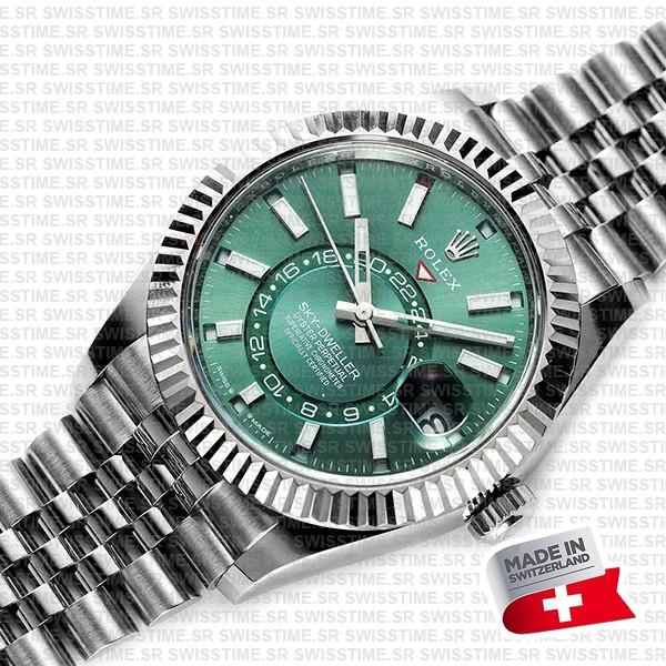 Rolex Sky-dweller 904l Steel 18k White Gold Bezel Green Dial Jubilee Bracelet 42mm Ref. 336934 Swiss Replica Super Clone