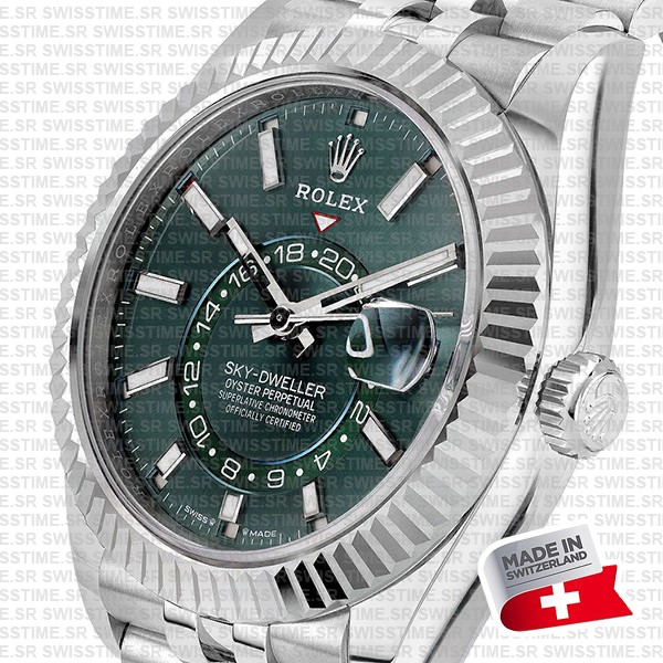 Rolex Sky-dweller 904l Steel 18k White Gold Bezel Green Dial Jubilee Bracelet 42mm Ref. 336934 Swiss Replica Super Clone