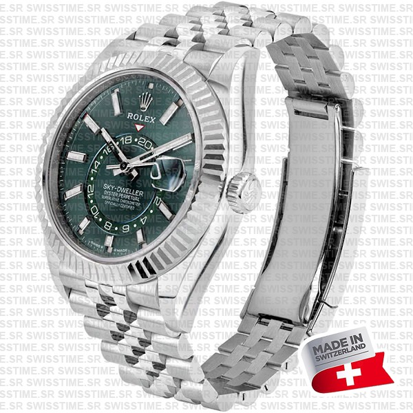 Rolex Sky-dweller 904l Steel 18k White Gold Bezel Green Dial Jubilee Bracelet 42mm Ref. 336934 Swiss Replica Super Clone