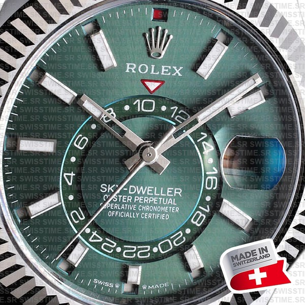 Rolex Sky-dweller 904l Steel 18k White Gold Bezel Green Dial Jubilee Bracelet 42mm Ref. 336934 Swiss Replica Super Clone
