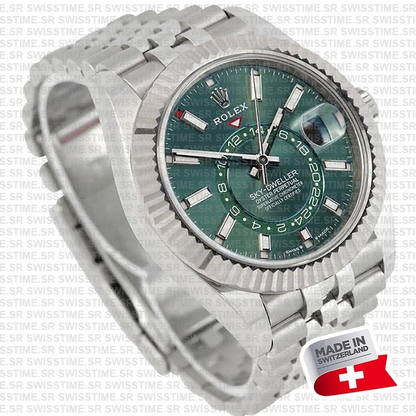 Rolex Sky-dweller 904l Steel 18k White Gold Bezel Green Dial Jubilee Bracelet 42mm Ref. 336934 Swiss Replica Super Clone