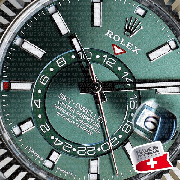 Rolex Sky-dweller 904l Steel 18k White Gold Bezel Green Dial Jubilee Bracelet 42mm Ref. 336934 Swiss Replica Super Clone