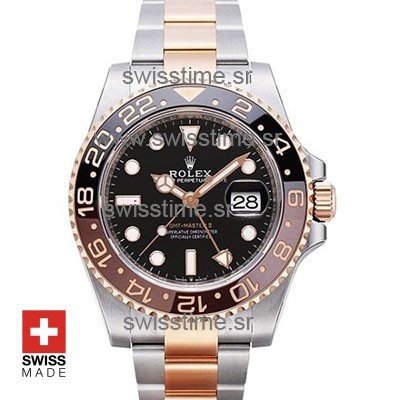 SWISSTIME ROLEX GMT MASTER II 18K ROSE GOLD 2-TONE OYSTER CERAMIC BEZEL BLACK DIAL 126711CHNR 40MM 3