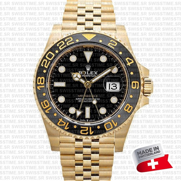 Rolex Gmt-master Ii Jubilee 18k Yellow Gold Black Dial Ceramic Bezel 40mm Swiss Made Replica Superclone Watch Ref.126718grnr