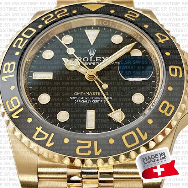 Rolex Gmt-master Ii Jubilee 18k Yellow Gold Black Dial Ceramic Bezel 40mm Swiss Made Replica Superclone Watch Ref.126718grnr