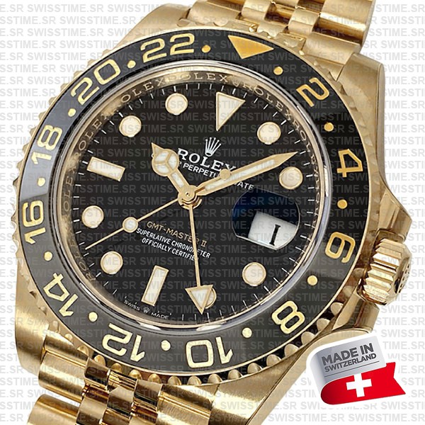 Rolex Gmt-master Ii Jubilee 18k Yellow Gold Black Dial Ceramic Bezel 40mm Swiss Made Replica Superclone Watch Ref.126718grnr