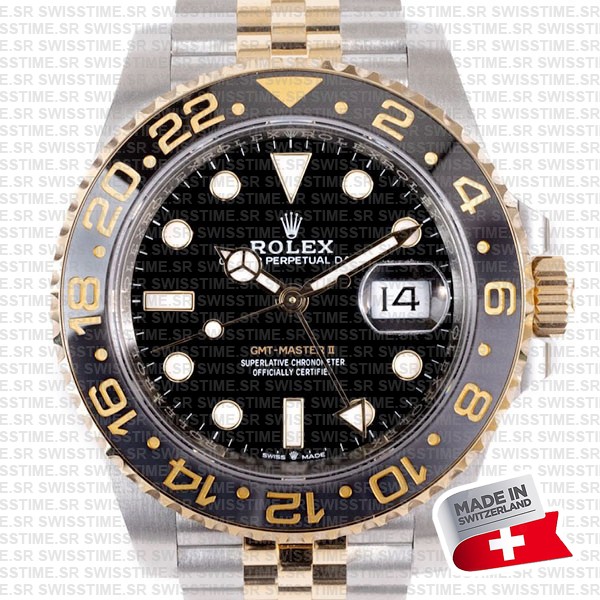 Rolex Gmt-master Ii Jubilee 2tone 18k Yellow Gold/904l Steel Black Dial Ceramic Bezel 40mm Swiss Made Replica Watch Ref.126713grnr