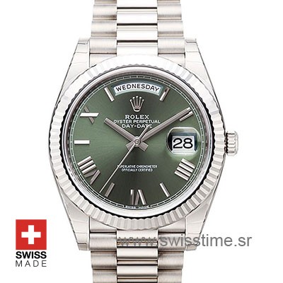 Rolex Day-Date 40 White Gold Olive Green Dial | Swisstime