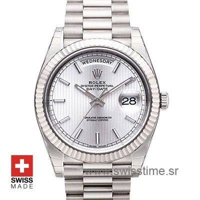 Rolex Day-Date 40 White Gold Silver Stripe Dial | Swisstime
