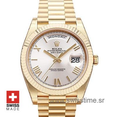 Rolex Day Date 40 Yellow Gold Silver Dial | Swisstime Replica