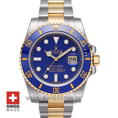 Rolex Submariner Two Tone Blue Dial Diamond Markers Watch