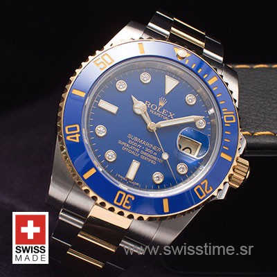 Rolex Submariner Two Tone Blue Dial Diamond Markers Watch